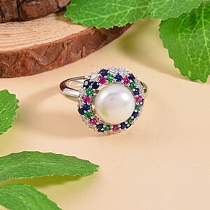 White Freshwater Pearl and Simulated Multi Color Diamond Ring in Silvertone (Size 8.0) 0.50 ctw