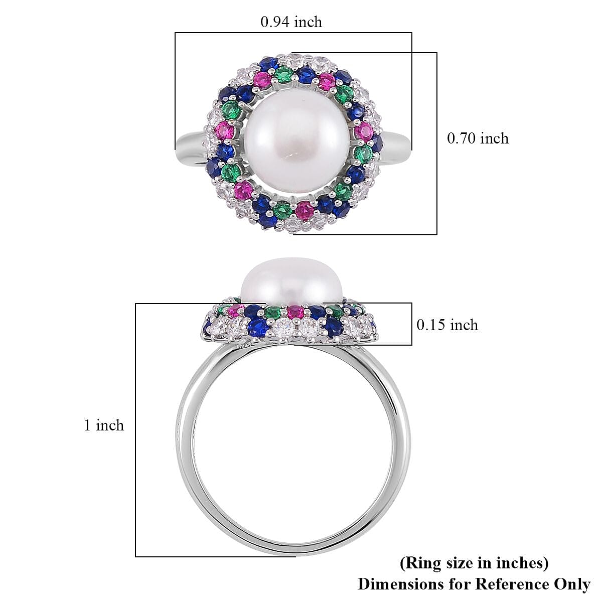 White Freshwater Pearl and Simulated Multi Color Diamond Ring in Silvertone (Size 8.0) 0.50 ctw image number 5