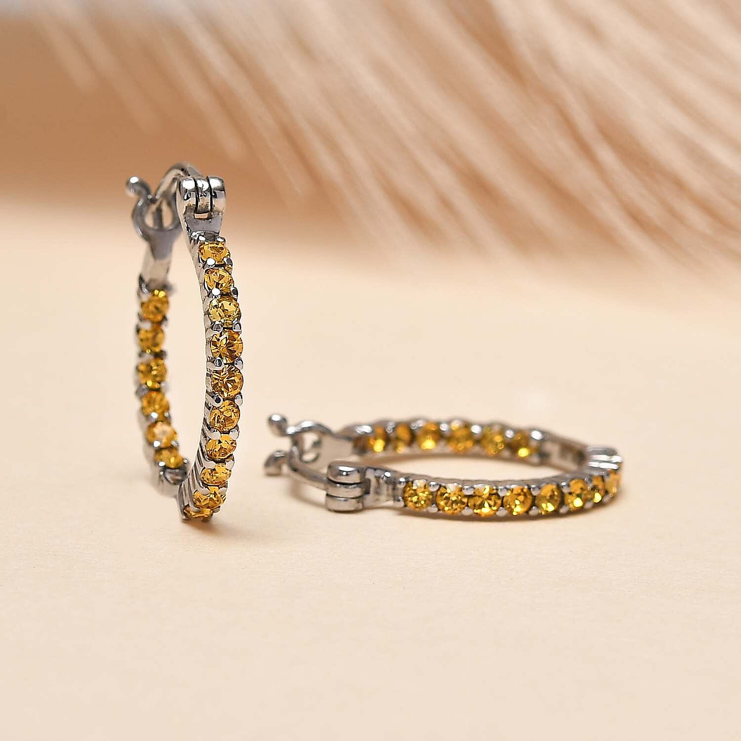 Designer Premium Sunflower Color Austrian Crystal Inside Out Hoop Earrings in Stainless Steel