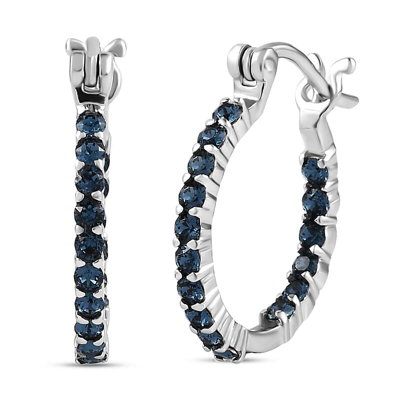 Designer Premium Montana Color Austrian Crystal Inside Out Hoop Earrings in Stainless Steel
