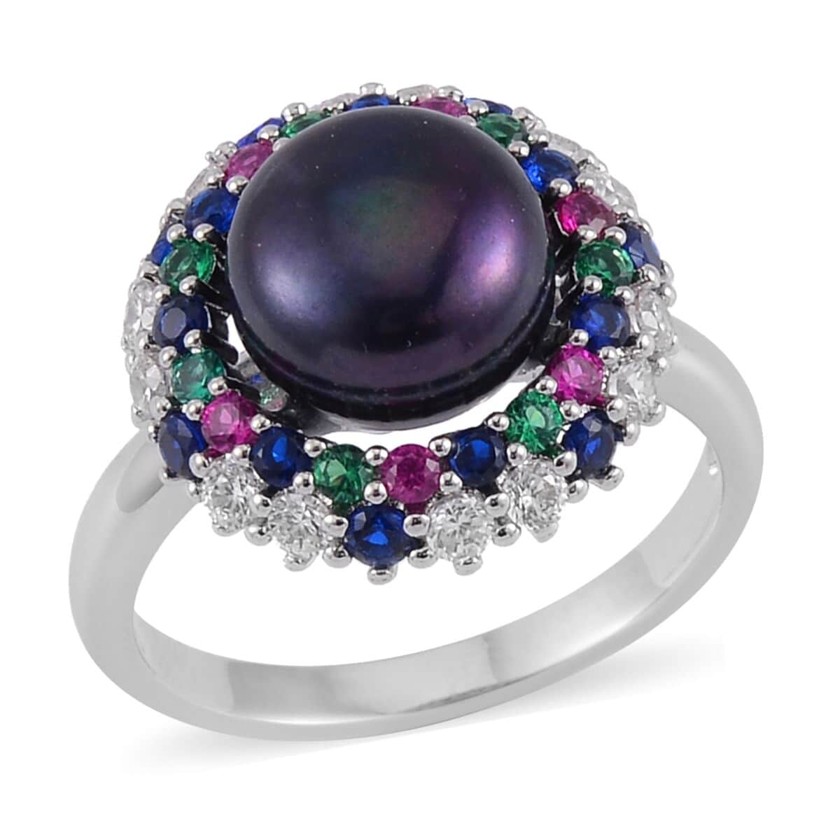 Peacock Freshwater Pearl and Simulated Multi Color Diamond Ring in Silvertone (Size 10.0) 0.40 ctw image number 0