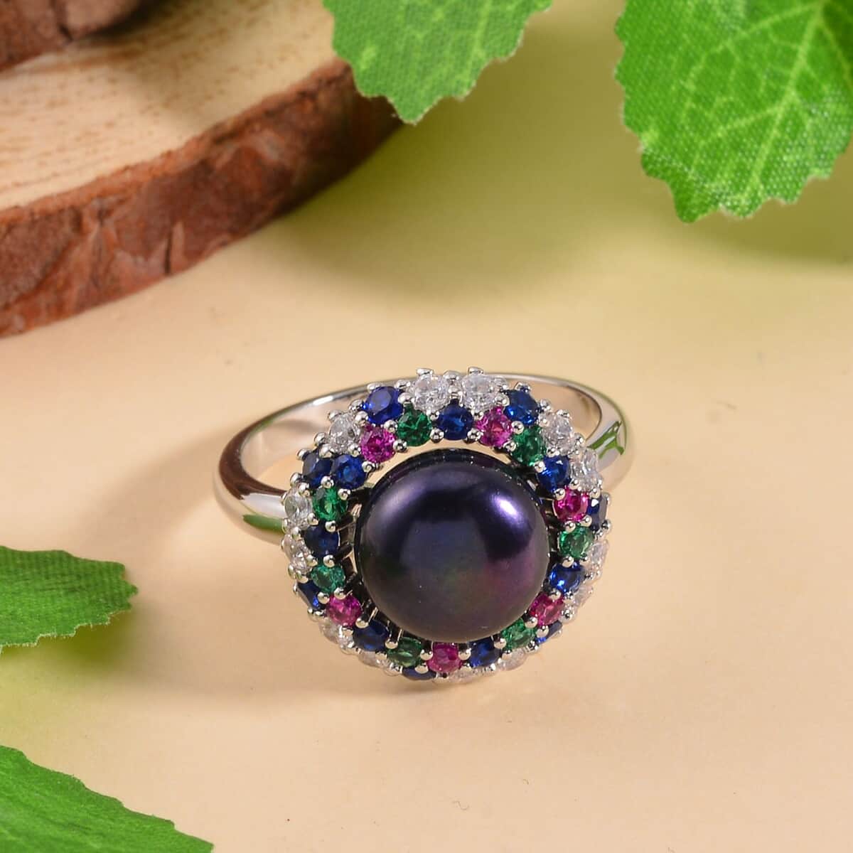 Peacock Freshwater Pearl and Simulated Multi Color Diamond Ring in Silvertone (Size 10.0) 0.40 ctw image number 1