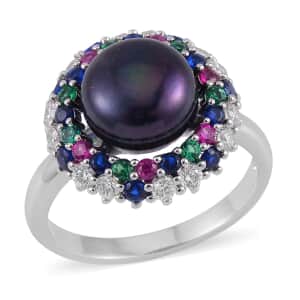 Peacock Freshwater Pearl and Simulated Multi Color Diamond Ring in Silvertone (Size 6.0) 0.40 ctw