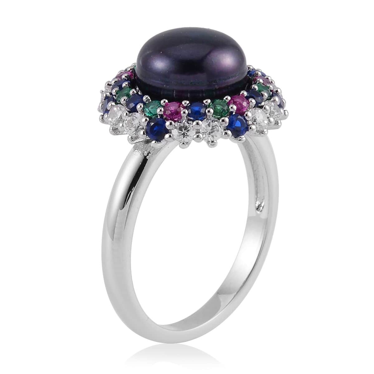 Peacock Freshwater Pearl and Simulated Multi Color Diamond Ring in Silvertone (Size 6.0) 0.40 ctw image number 3