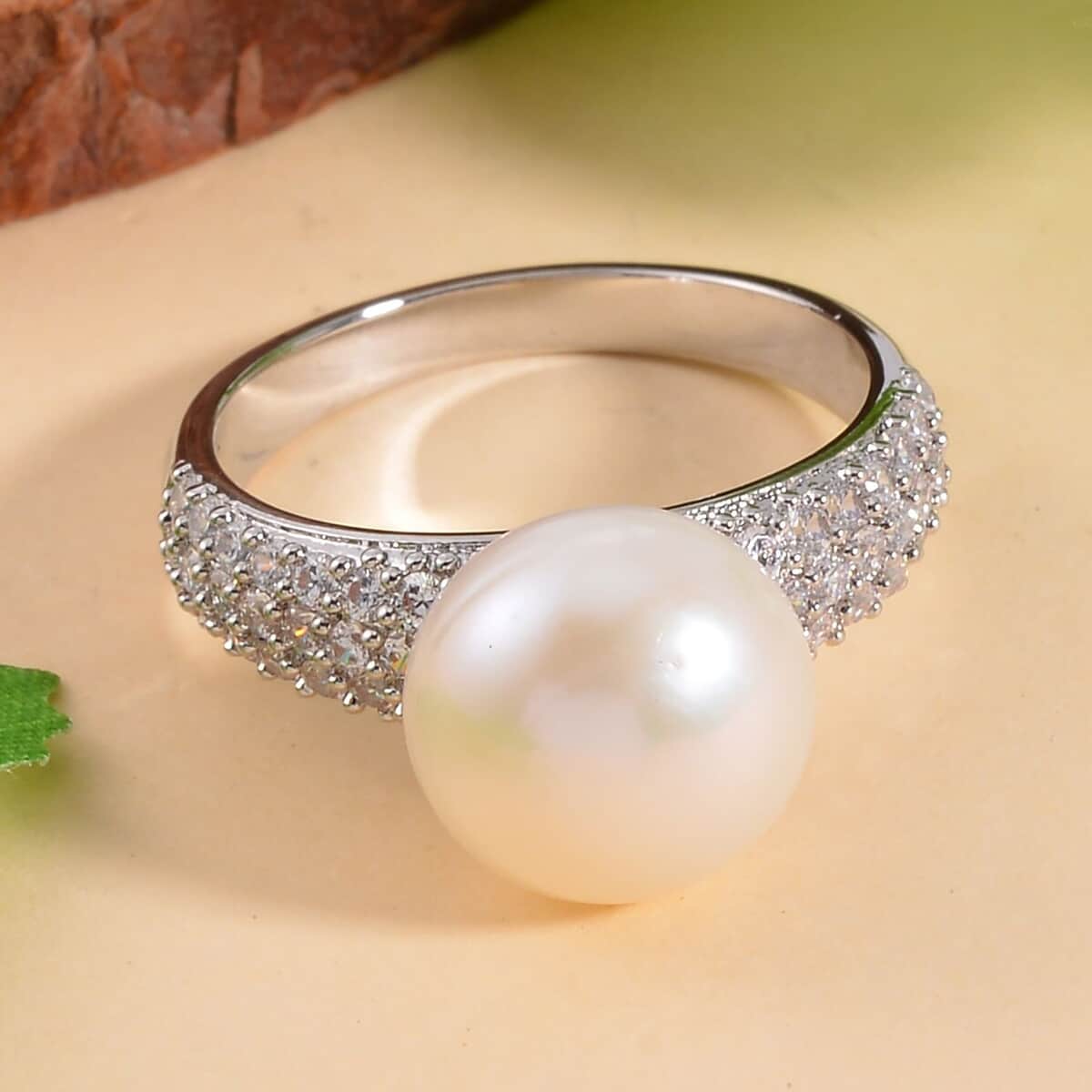 Freshwater Cultured Pearl and Simulated Multi Color Diamond Ring in Silvertone (Size 10.0) 0.50 ctw image number 1