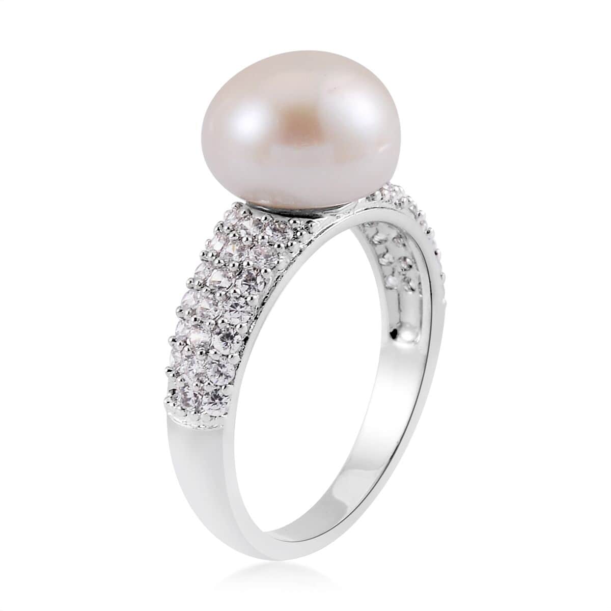 Freshwater Cultured Pearl and Simulated Multi Color Diamond Ring in Silvertone (Size 10.0) 0.50 ctw image number 3