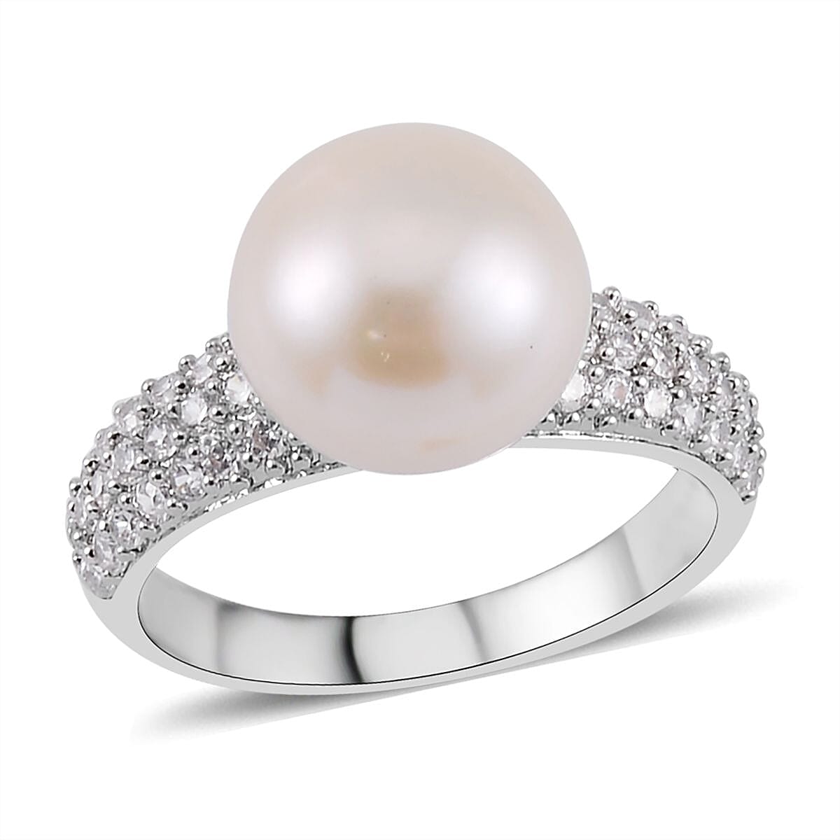 Freshwater Cultured Pearl and Simulated Multi Color Diamond 0.50 ctw Ring in Silvertone (Size 9.0) image number 0