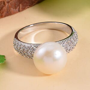 Freshwater Cultured Pearl and Simulated Multi Color Diamond 0.50 ctw Ring in Silvertone (Size 9.0)