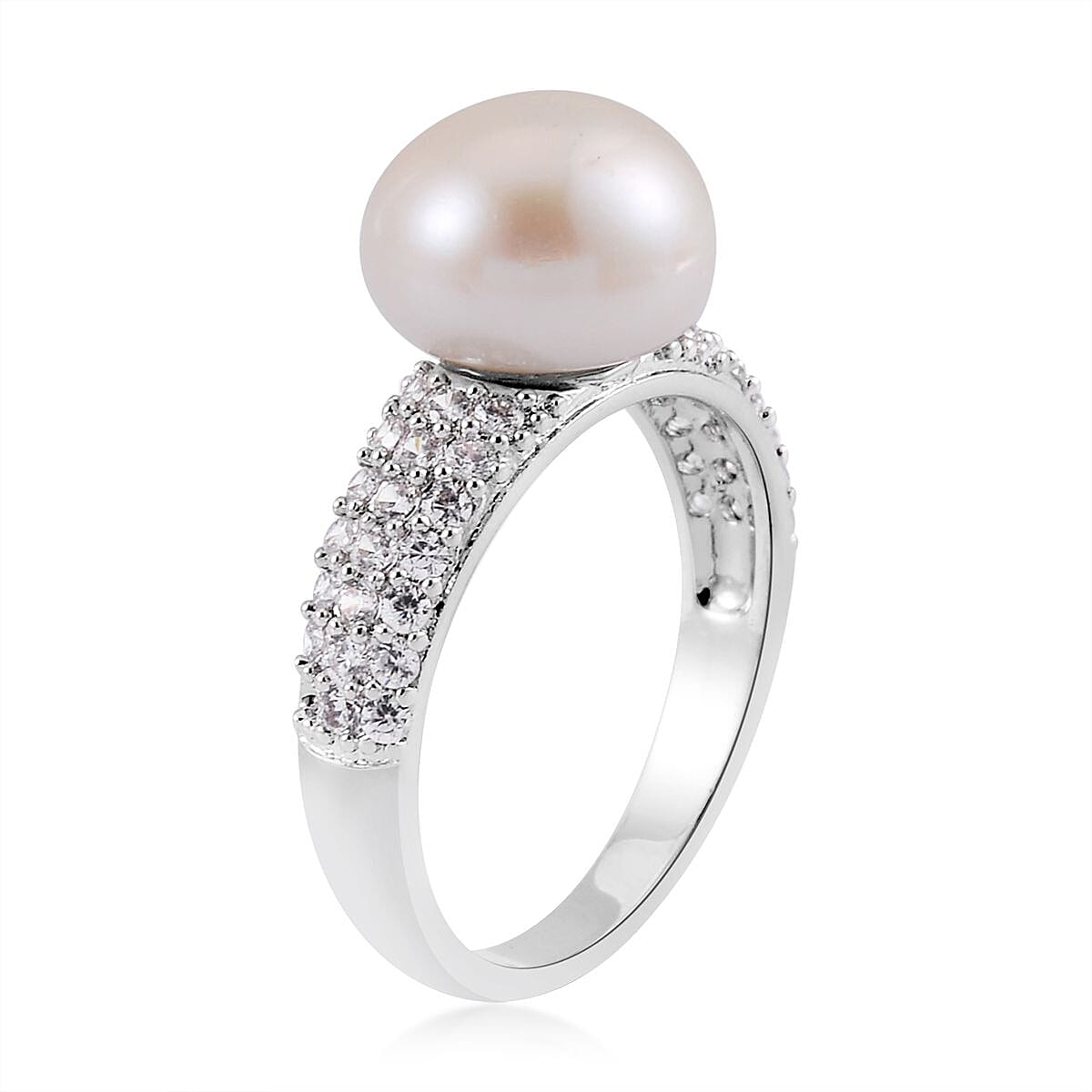 Freshwater Cultured Pearl and Simulated Multi Color Diamond 0.50 ctw Ring in Silvertone (Size 9.0) image number 3
