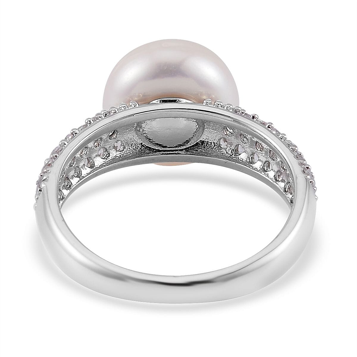 Freshwater Cultured Pearl and Simulated Multi Color Diamond 0.50 ctw Ring in Silvertone (Size 9.0) image number 4