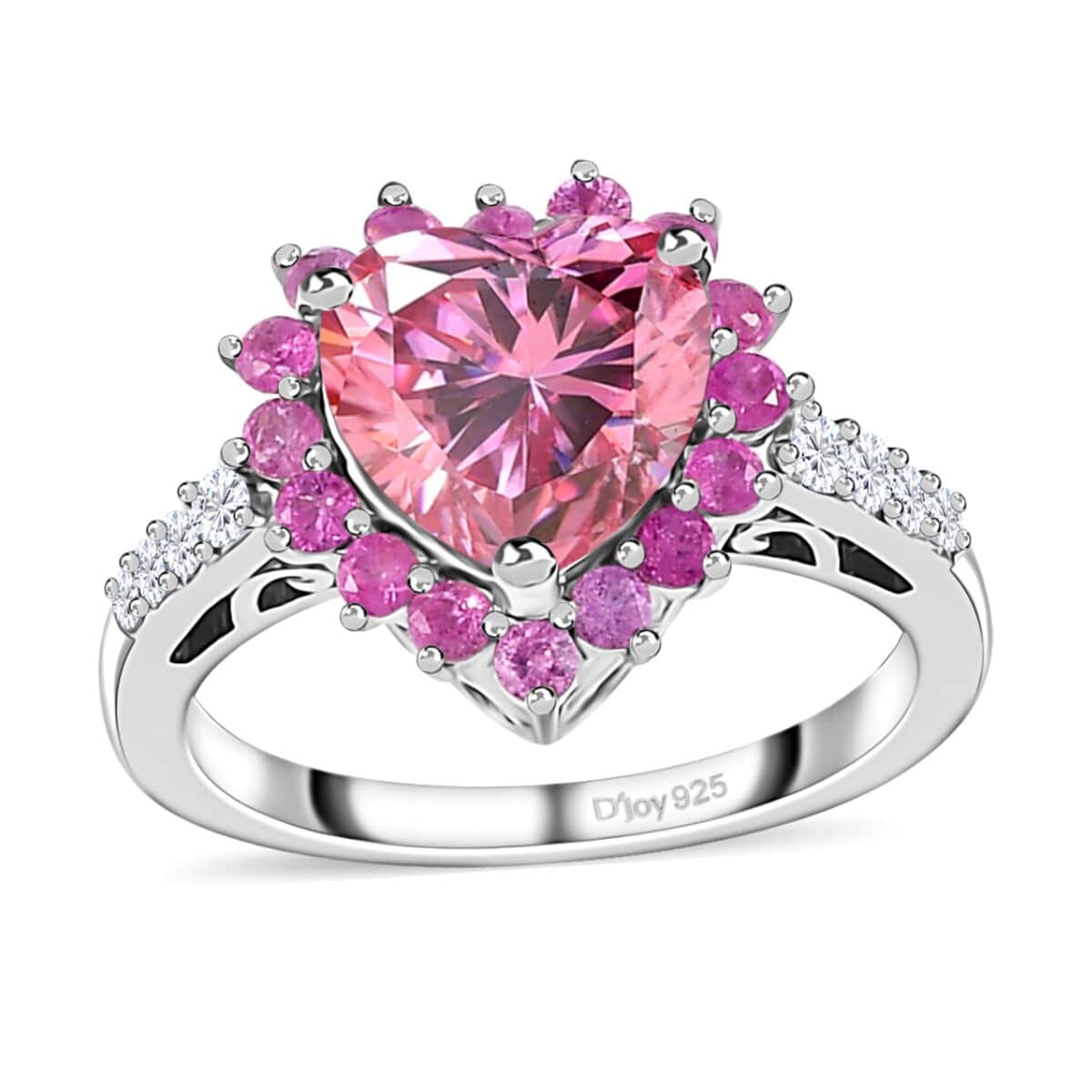 Pink and White Moissanite, Madagascar Pink Sapphire Heart Ring in Platinum Over Sterling Silver (Size 10.0) 2.70 ctw image number 0