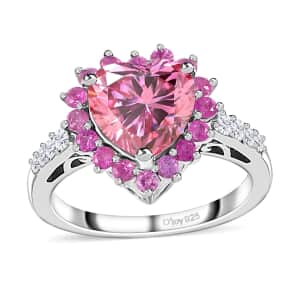 Pink and White Moissanite, Madagascar Pink Sapphire Heart Ring in Platinum Over Sterling Silver (Size 10.0) 2.70 ctw
