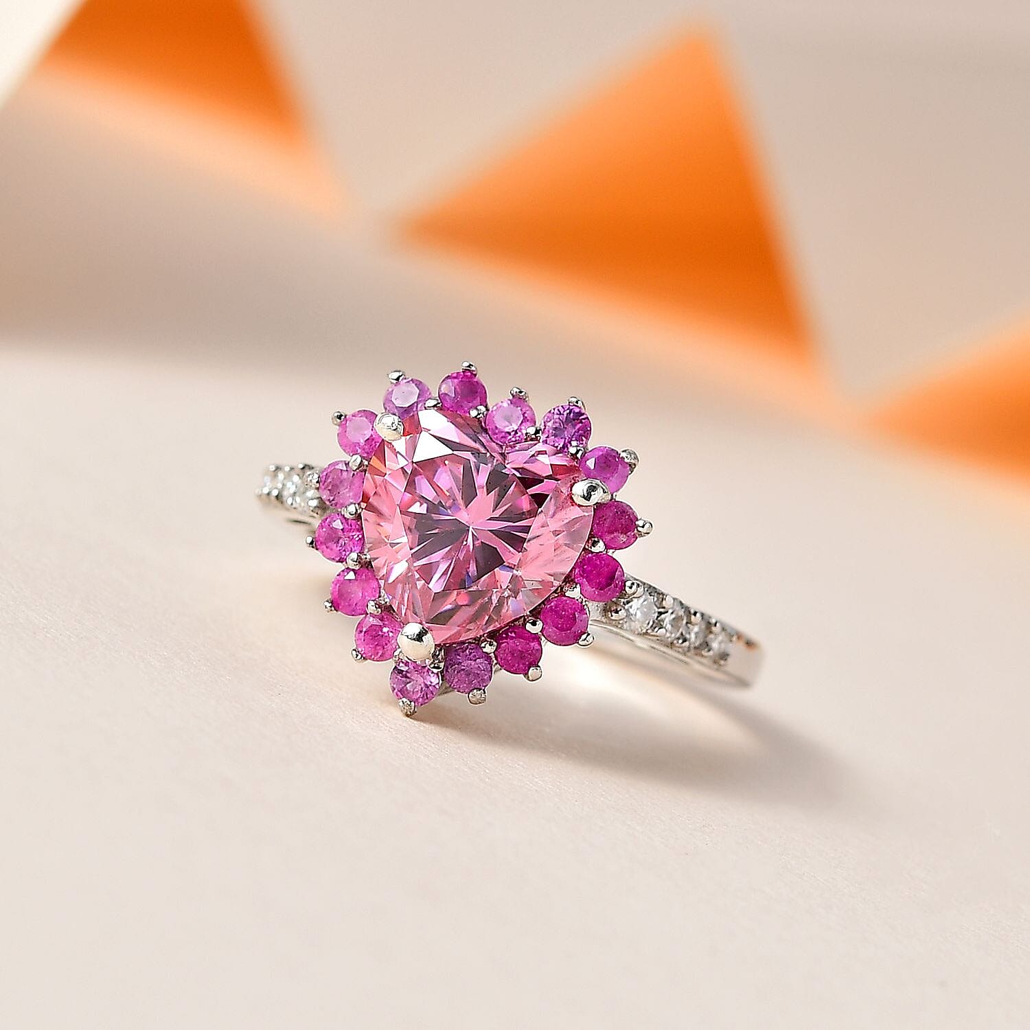 Pink and White Moissanite, Madagascar Pink Sapphire 2.70 ctw Heart Ring in Platinum Over Sterling Silver (Size 5.0)
