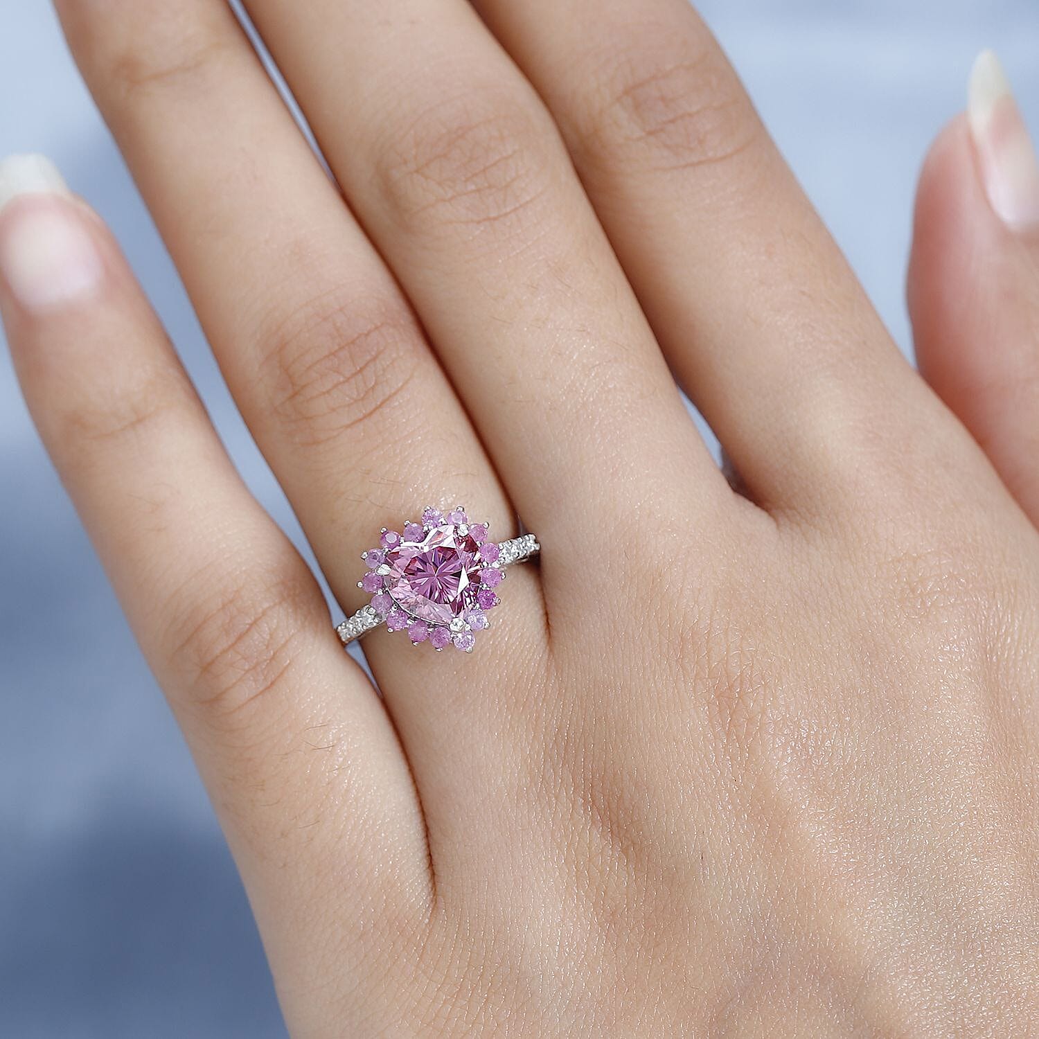Pink and White Moissanite, Madagascar Pink Sapphire 2.70 ctw Heart Ring in Platinum Over Sterling Silver (Size 5.0)