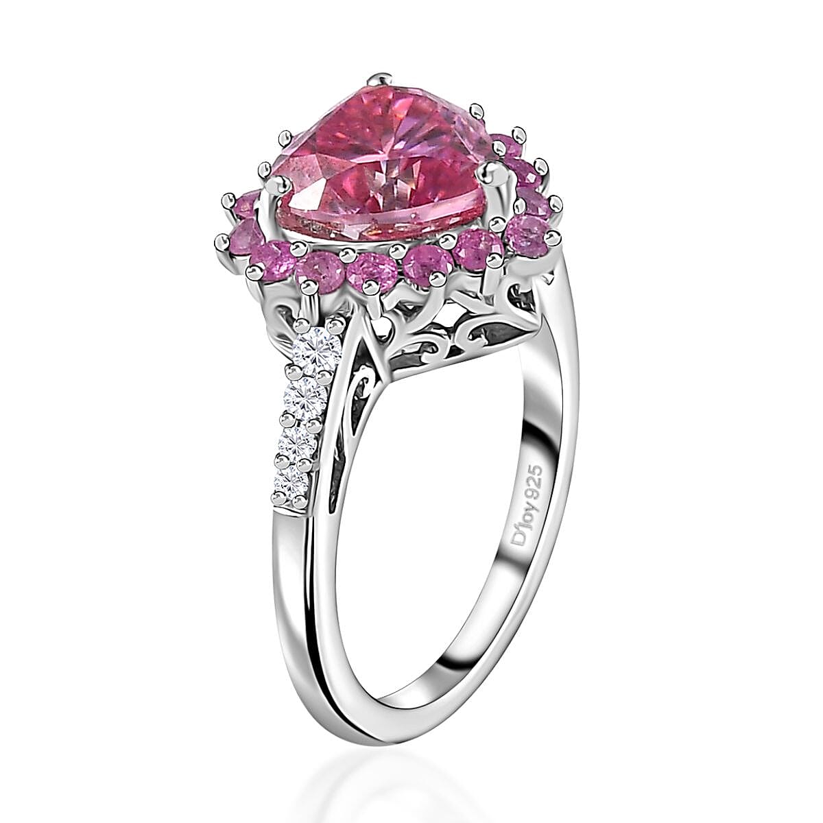 Pink and White Moissanite, Madagascar Pink Sapphire 2.70 ctw Heart Ring in Platinum Over Sterling Silver (Size 5.0)