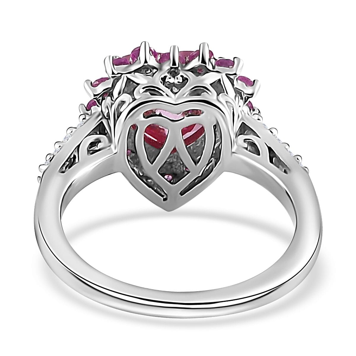 Pink and White Moissanite, Madagascar Pink Sapphire 2.70 ctw Heart Ring in Platinum Over Sterling Silver (Size 5.0)