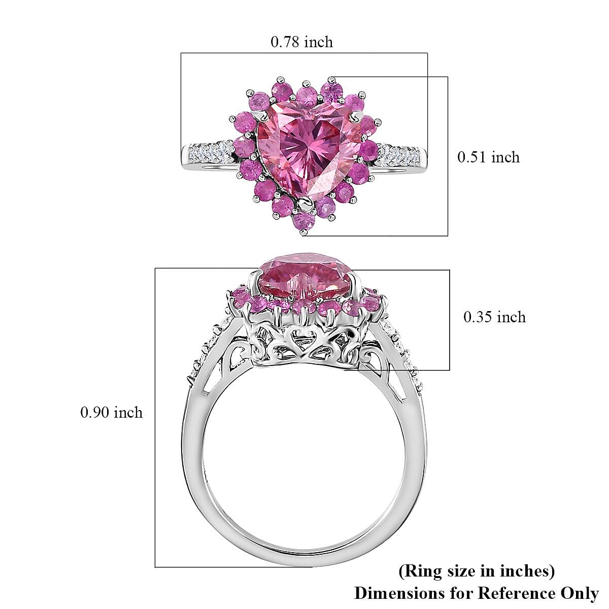 Pink and White Moissanite, Madagascar Pink Sapphire 2.70 ctw Heart Ring in Platinum Over Sterling Silver (Size 5.0)