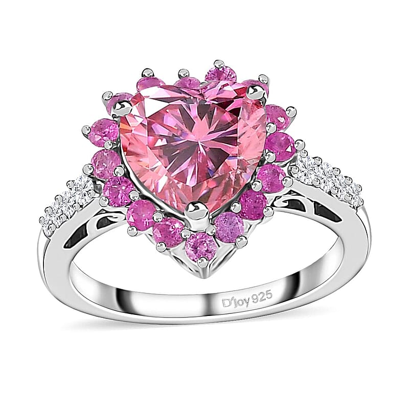 Pink and White Moissanite, Madagascar Pink Sapphire 2.70 ctw Heart Ring in Platinum Over Sterling Silver (Size 7.0)
