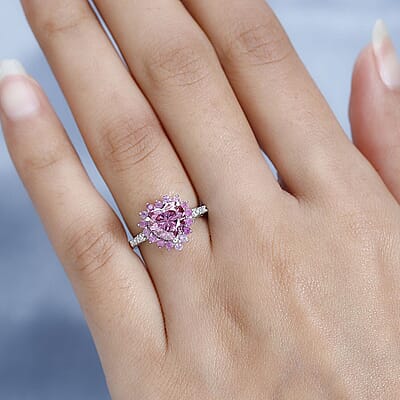 Pink and White Moissanite, Madagascar Pink Sapphire 2.70 ctw Heart Ring in Platinum Over Sterling Silver (Size 7.0)
