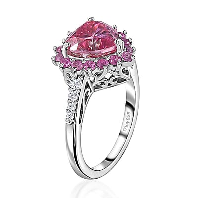 Pink and White Moissanite, Madagascar Pink Sapphire 2.70 ctw Heart Ring in Platinum Over Sterling Silver (Size 7.0)