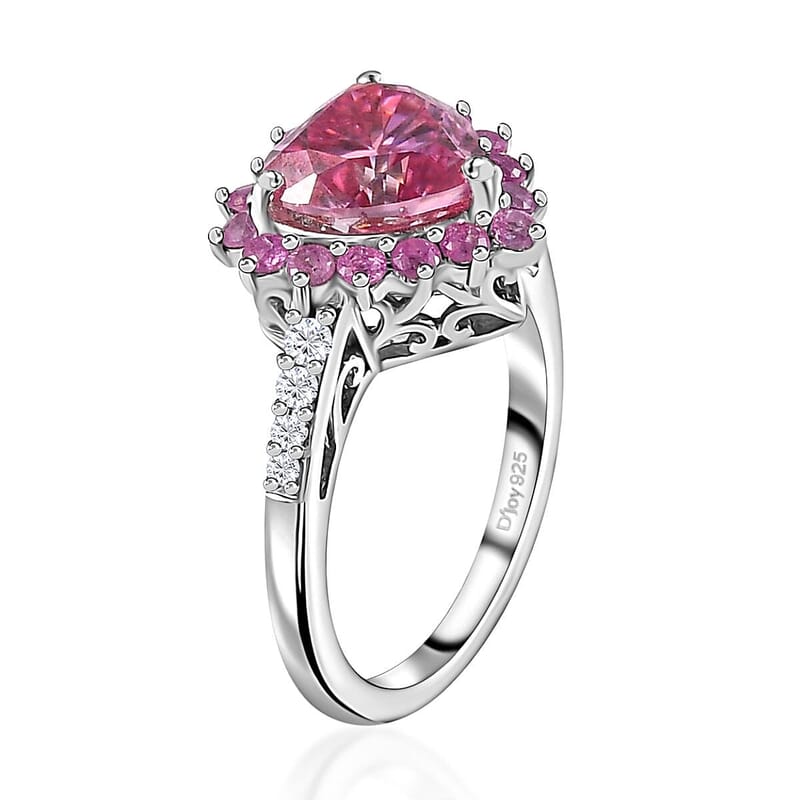 Pink and White Moissanite, Madagascar Pink Sapphire 2.70 ctw Heart Ring in Platinum Over Sterling Silver (Size 7.0)