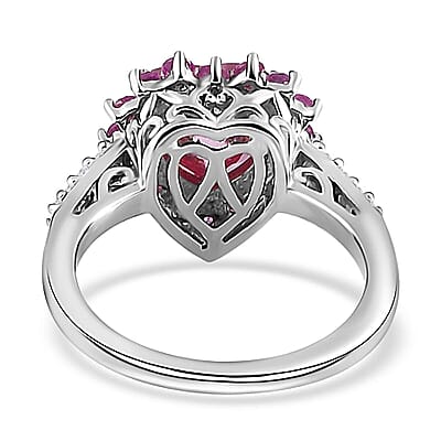 Pink and White Moissanite, Madagascar Pink Sapphire 2.70 ctw Heart Ring in Platinum Over Sterling Silver (Size 7.0)