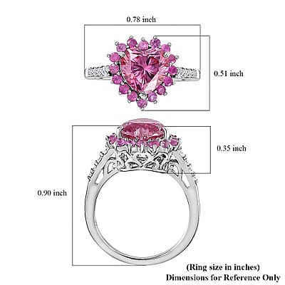 Pink and White Moissanite, Madagascar Pink Sapphire 2.70 ctw Heart Ring in Platinum Over Sterling Silver (Size 7.0)