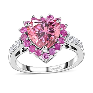 Pink and White Moissanite, Madagascar Pink Sapphire Heart Ring in Platinum Over Sterling Silver (Size 9.0) 2.70 ctw