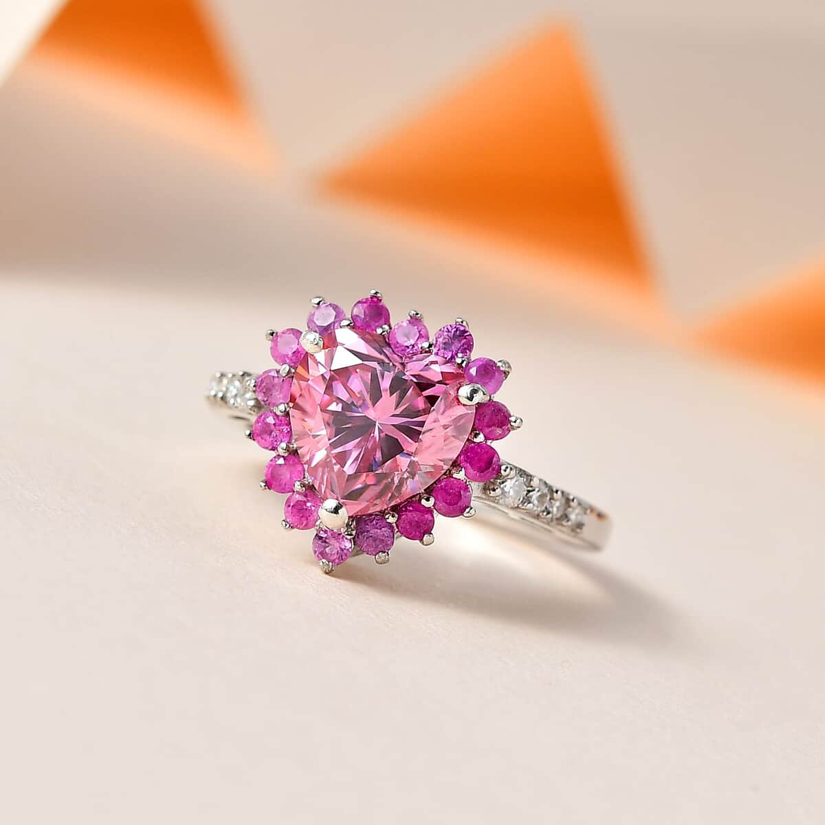 Pink and White Moissanite, Madagascar Pink Sapphire Heart Ring in Platinum Over Sterling Silver (Size 9.0) 2.70 ctw image number 1