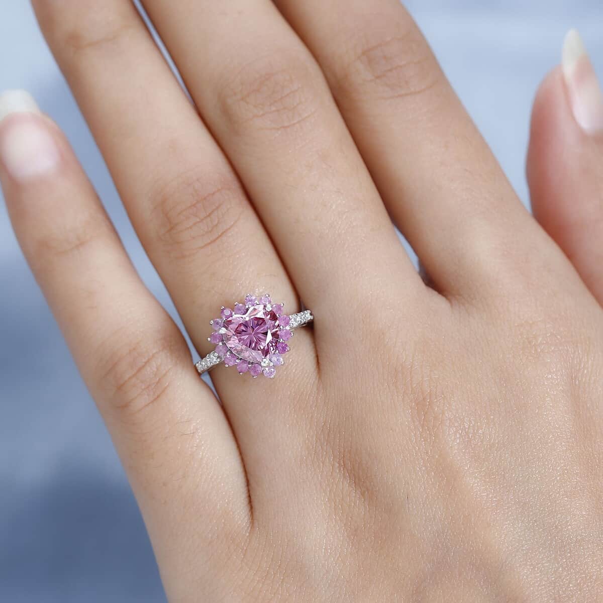 Pink and White Moissanite, Madagascar Pink Sapphire Heart Ring in Platinum Over Sterling Silver (Size 9.0) 2.70 ctw image number 2