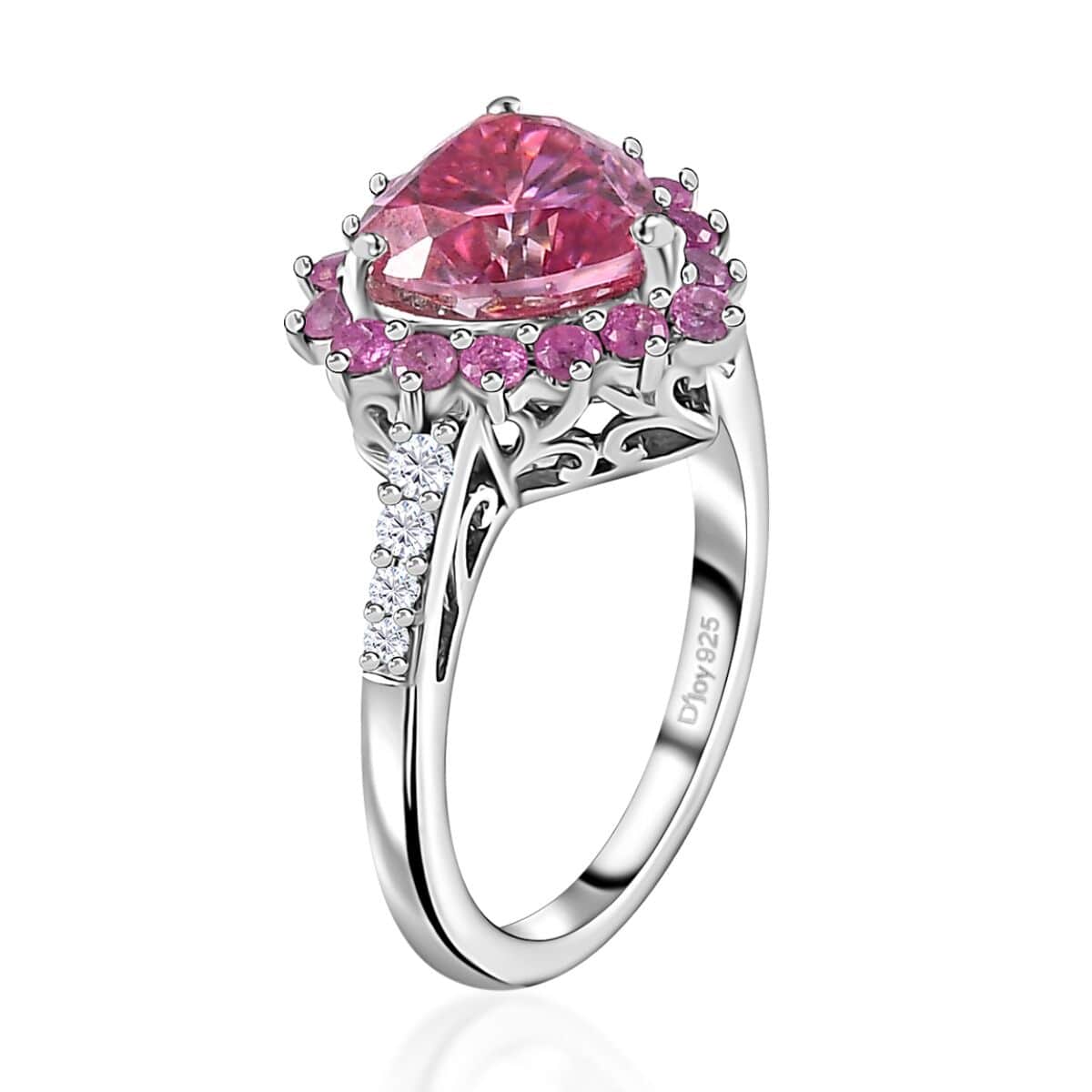 Pink and White Moissanite, Madagascar Pink Sapphire Heart Ring in Platinum Over Sterling Silver (Size 9.0) 2.70 ctw image number 3