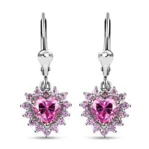 Pink Moissanite and Madagascar Pink Sapphire Heart Lever Back Earrings in Platinum Over Sterling Silver 2.40 ctw