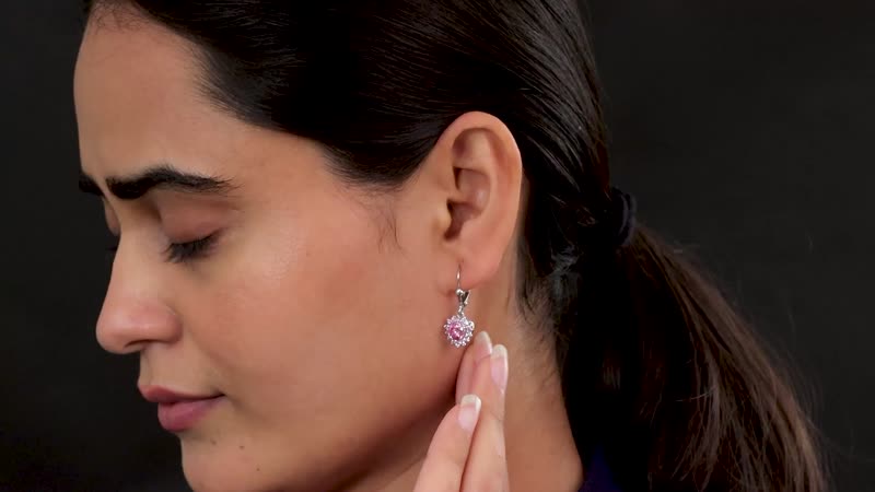 Pink Moissanite and Madagascar Pink Sapphire Heart Lever Back Earrings in Platinum Over Sterling Silver 2.40 ctw