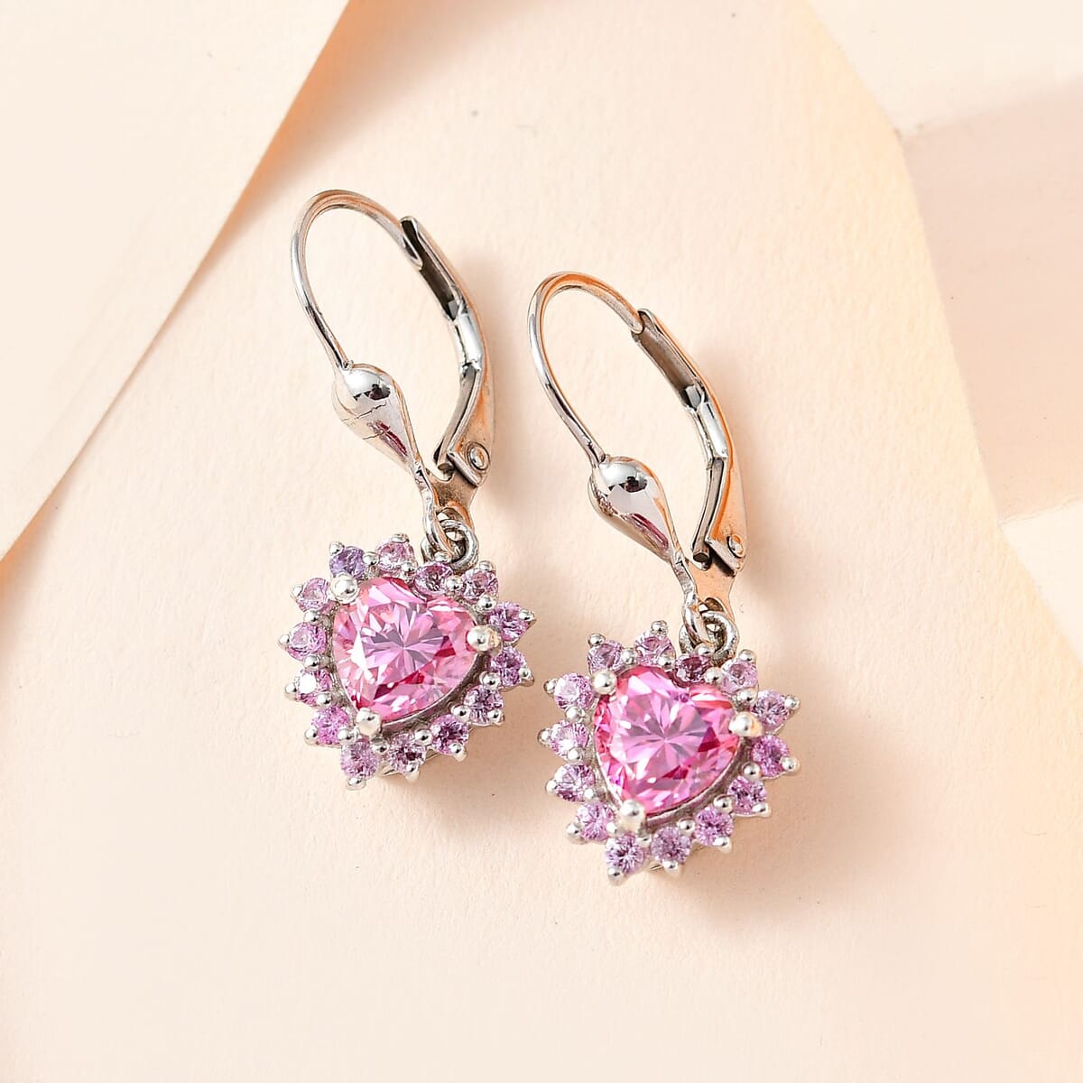 Pink Moissanite and Madagascar Pink Sapphire Heart Lever Back Earrings in Platinum Over Sterling Silver 2.40 ctw image number 1