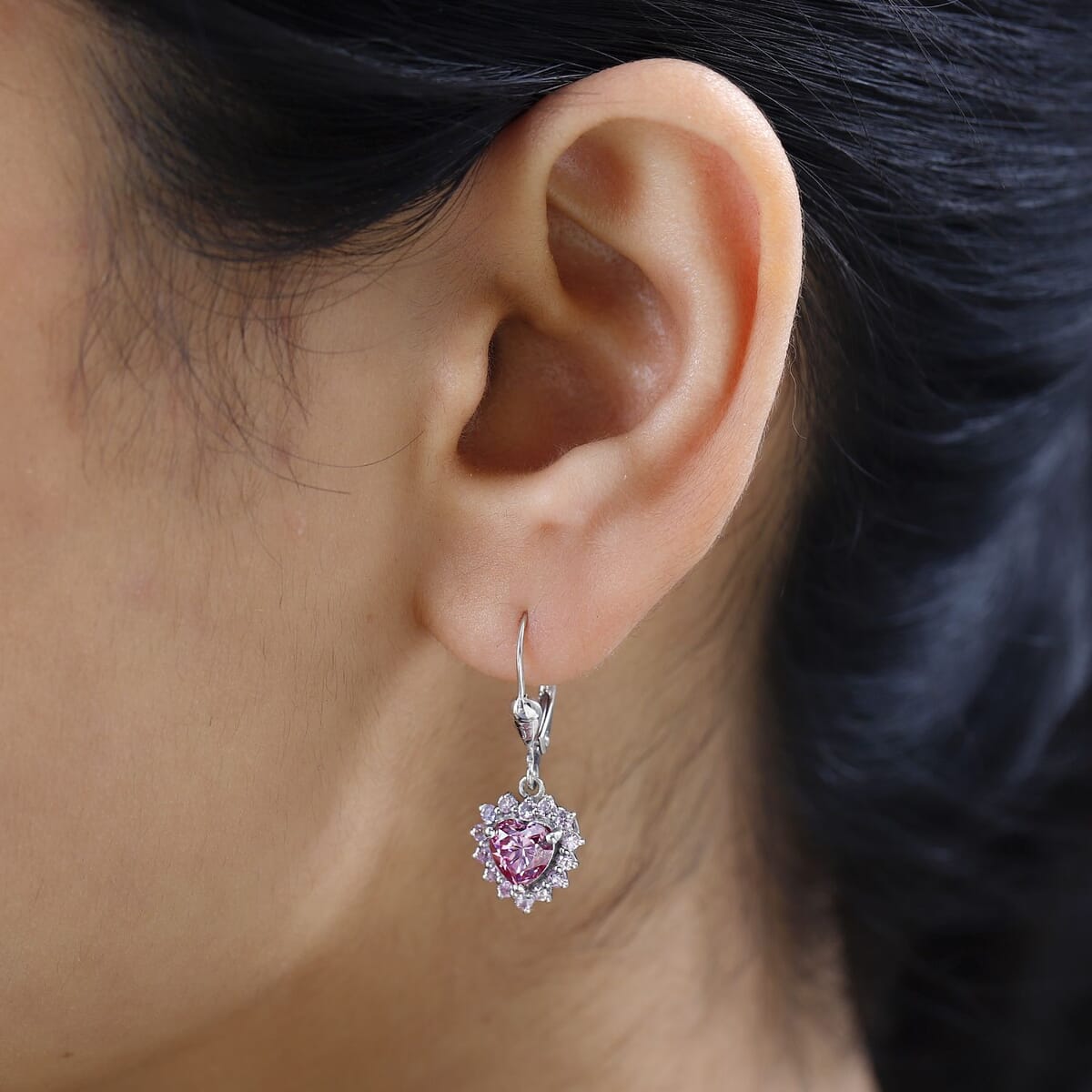 Pink Moissanite and Madagascar Pink Sapphire Heart Lever Back Earrings in Platinum Over Sterling Silver 2.40 ctw image number 2