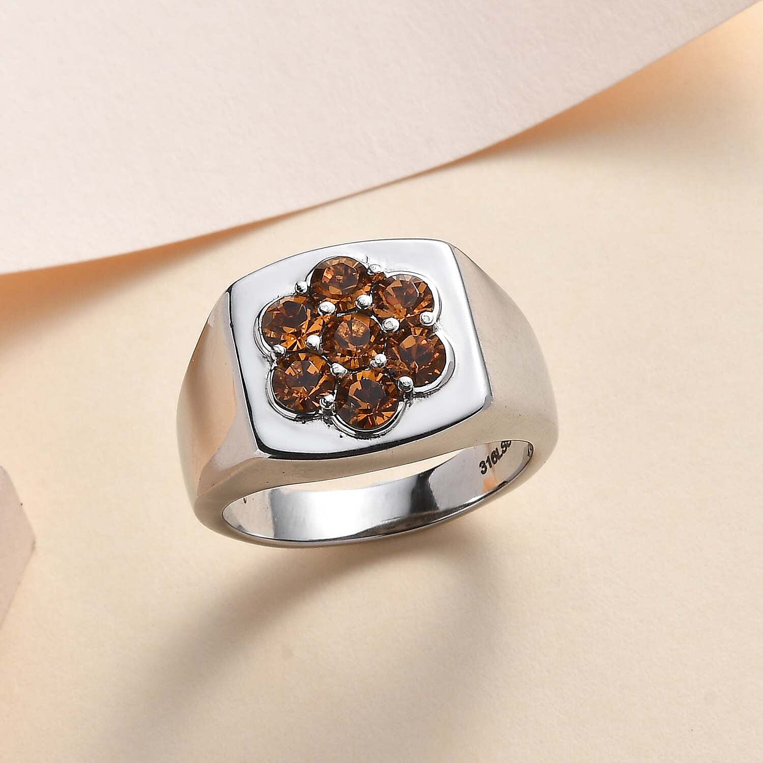 Designer Premium Topaz Color Austrian Crystal Men's Ring in Stainless Steel (Size 10.0)
