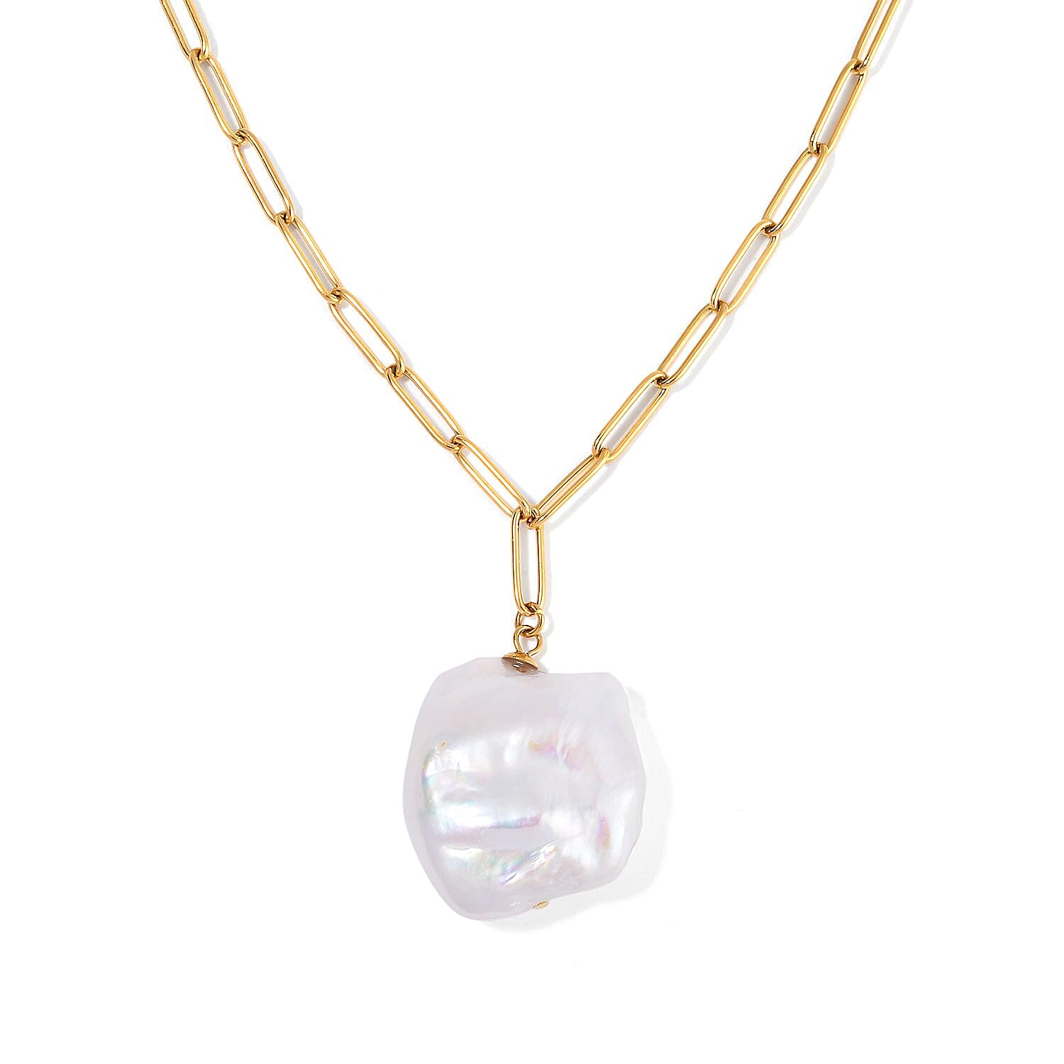 White Keshi Pearl Necklace 20 Inches in ION Plated YG Stainless Steel 