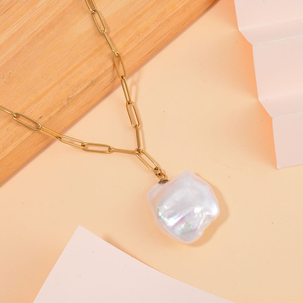 White Keshi Pearl Necklace 20 Inches in ION Plated YG Stainless Steel  image number 1