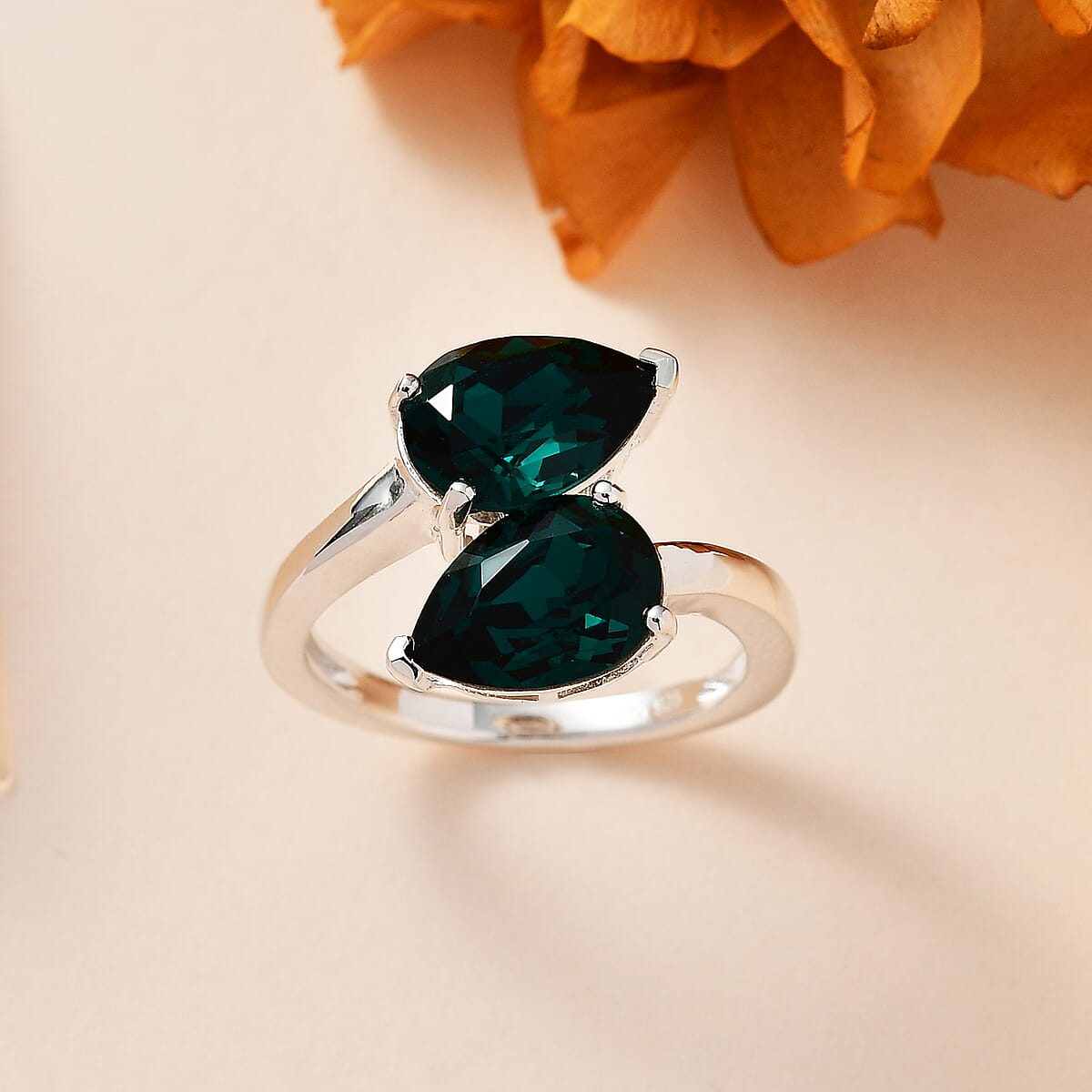 Emerald Color Crystal Bypass Ring in Sterling Silver image number 1