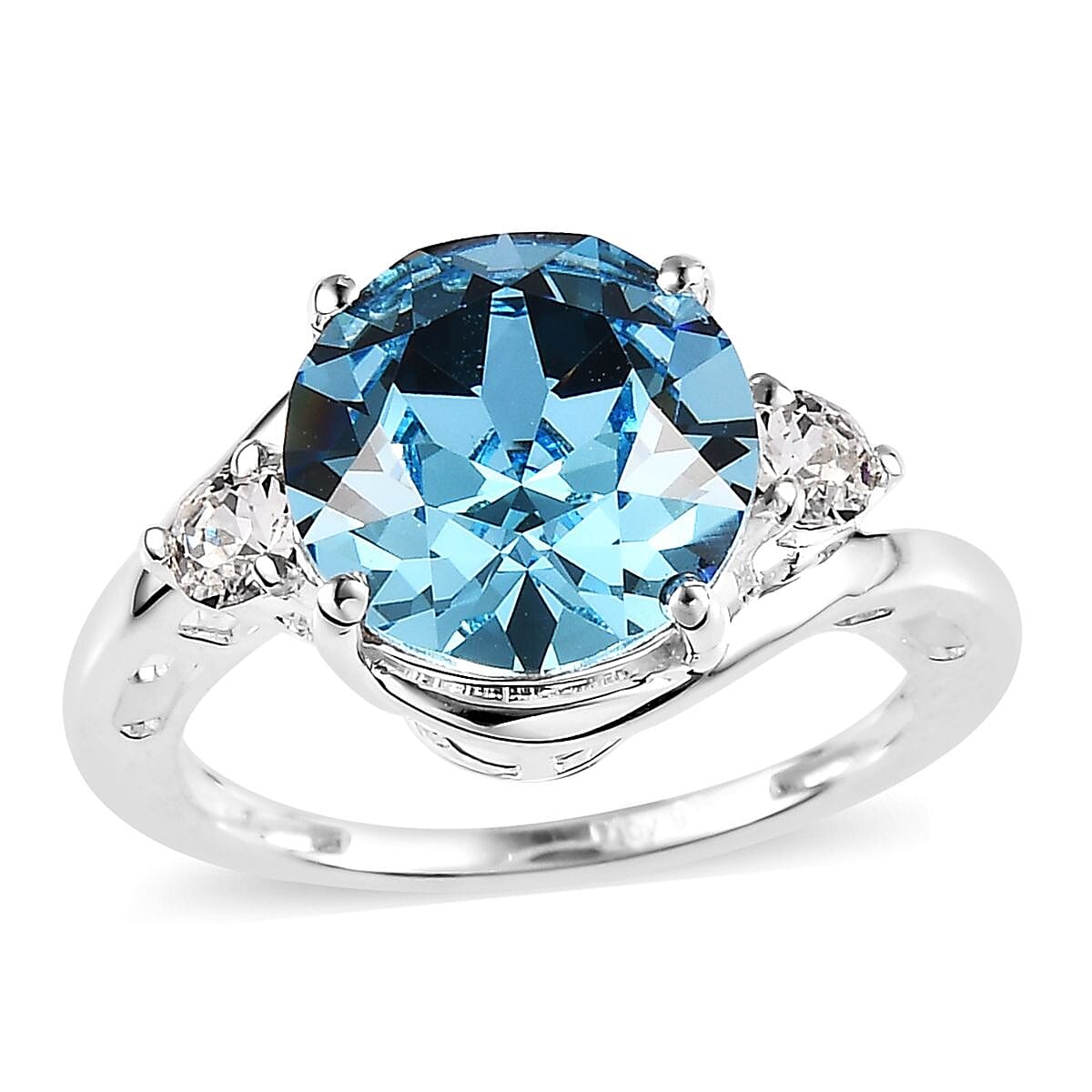 Designer Premium Aquamarine Color and White Austrian Crystal 3 Stone Ring in Sterling Silver (Size 10.0) image number 0