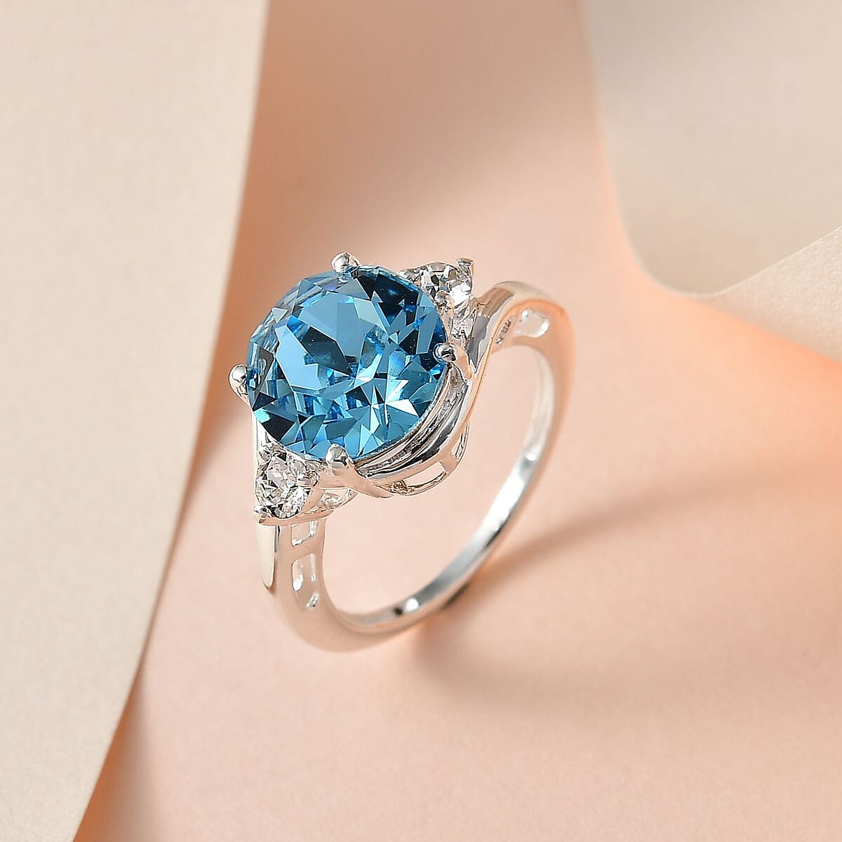 Designer Premium Aquamarine Color and White Austrian Crystal 3 Stone Ring in Sterling Silver (Size 10.0) image number 1