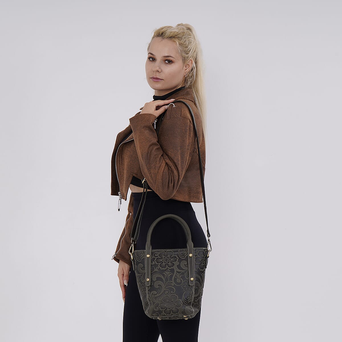 Italy Retro Noble Collection Green Genuine Leather Crossbody Bag with Handle Drop and Shoulder Strap image number 1