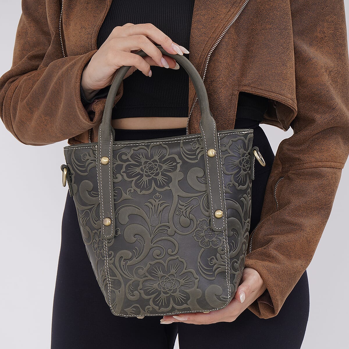 Italy Retro Noble Collection Green Genuine Leather Crossbody Bag with Handle Drop and Shoulder Strap image number 2