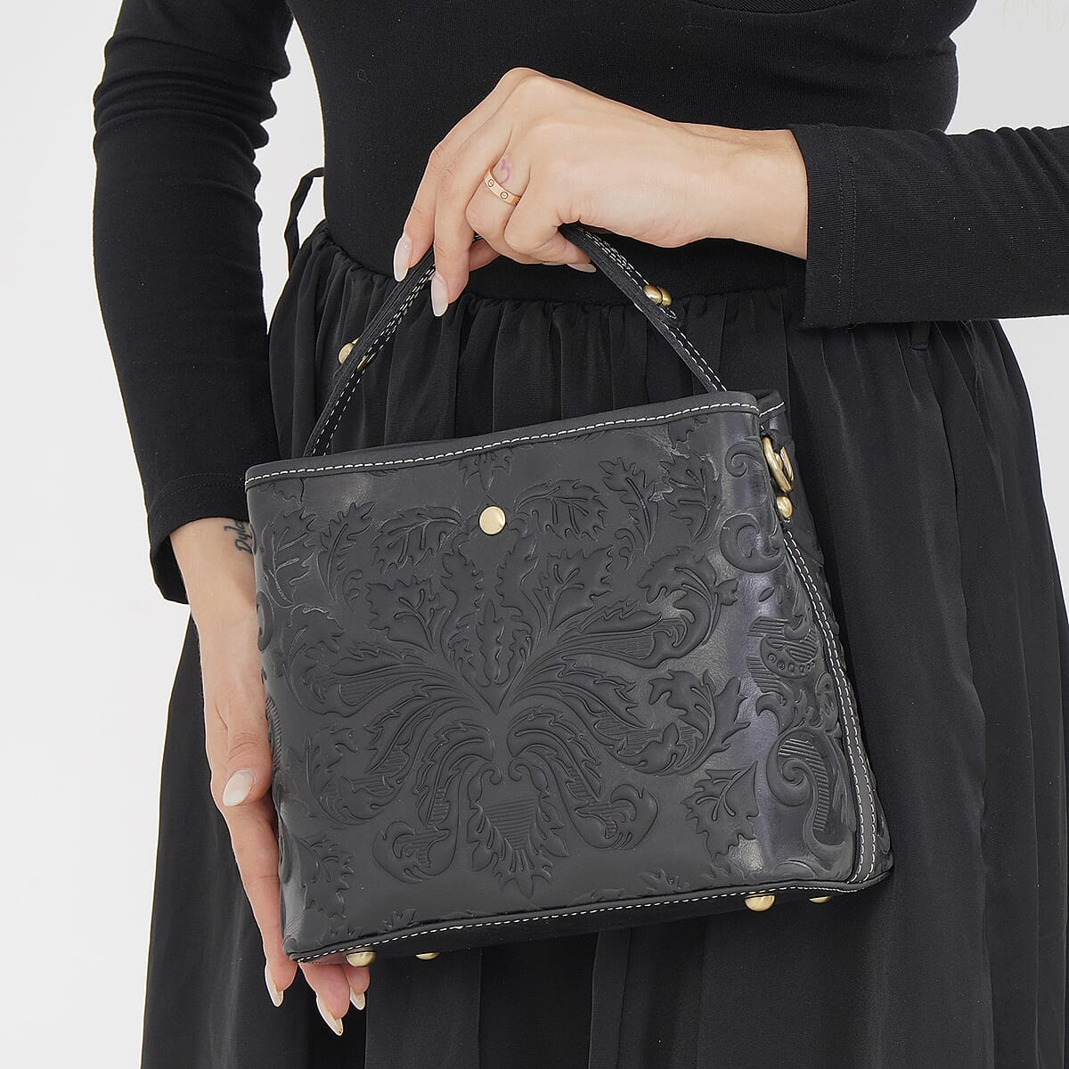 Italy Retro Noble Collection Black Color Genuine Leather Crossbody Bag with Handle Drop and Shoulder Strap image number 2