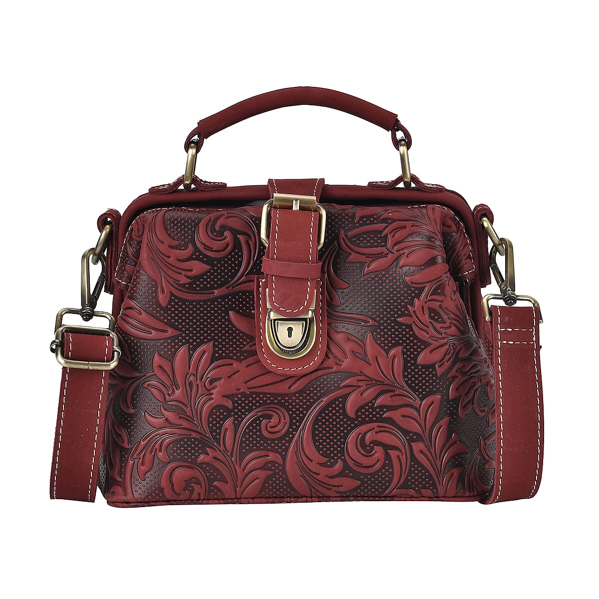 Italy Retro Noble Collection Burgundy Color Genuine Leather Crossbody Bag with Handle Drop and Shoulder Strap image number 0