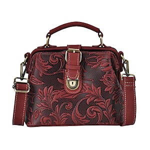 Italy Retro Noble Collection Burgundy Color Genuine Leather Crossbody Bag with Handle Drop and Shoulder Strap