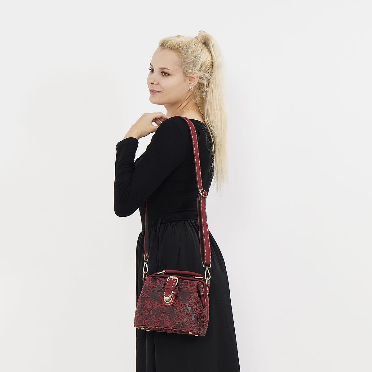 Italy Retro Noble Collection Burgundy Color Genuine Leather Crossbody Bag with Handle Drop and Shoulder Strap image number 1
