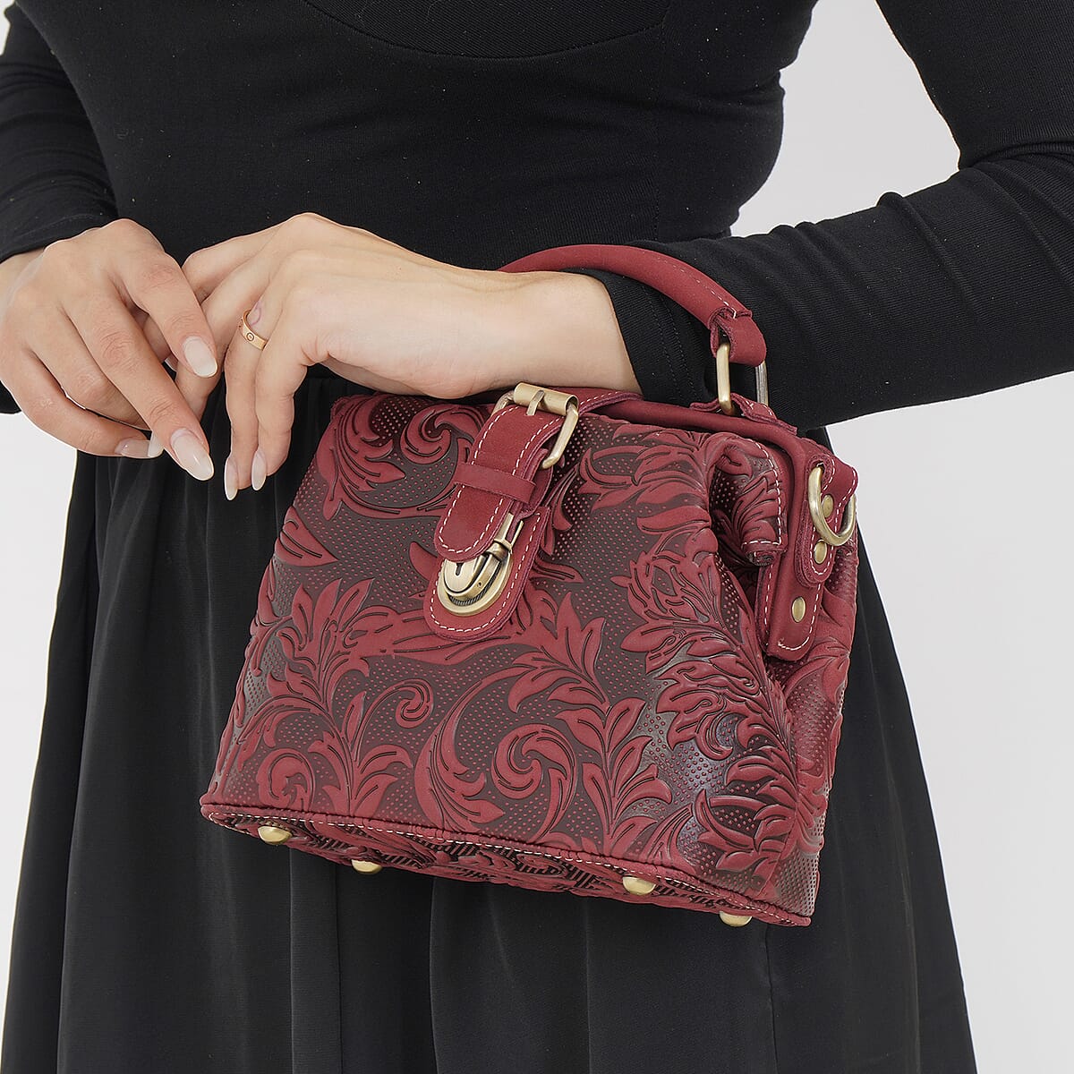 Italy Retro Noble Collection Burgundy Color Genuine Leather Crossbody Bag with Handle Drop and Shoulder Strap image number 2