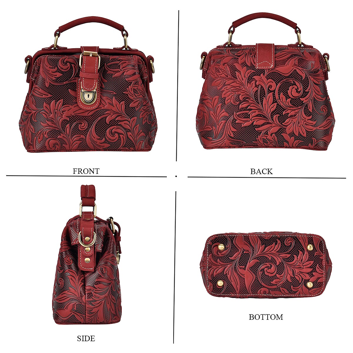 Italy Retro Noble Collection Burgundy Color Genuine Leather Crossbody Bag with Handle Drop and Shoulder Strap image number 3