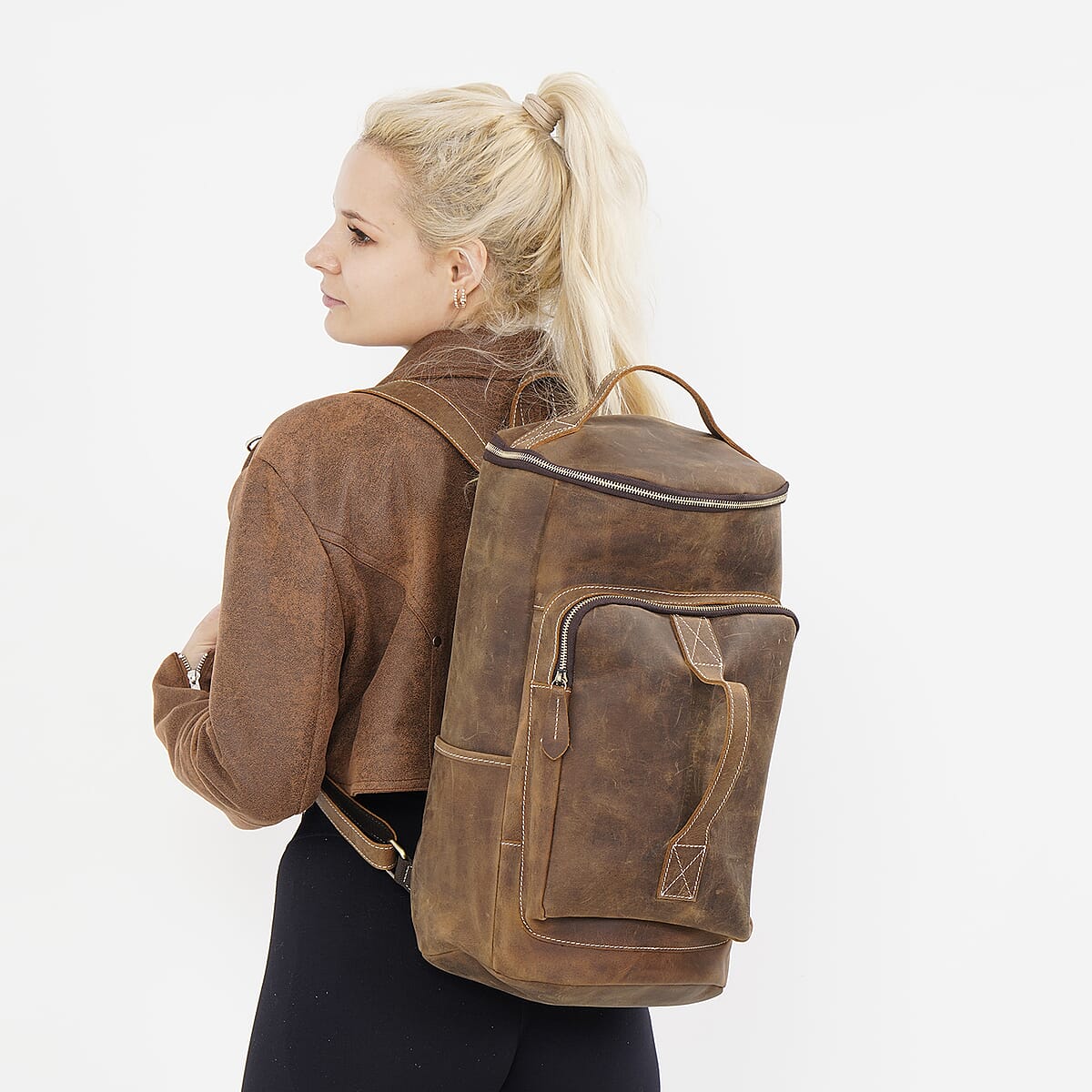 Italy Retro Noble Collection Brown Color Genuine Leather Backpack with Handle Drop and Adjustable Double Shoulder Straps image number 1